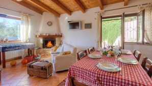 Un coin repas avec une nappe à carreaux rouges et blancs, des poutres en bois au plafond, une cheminée et un téléviseur fixé au mur.