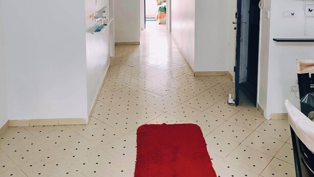 Un couloir avec un tapis rouge, des murs blancs et un luminaire au plafond.