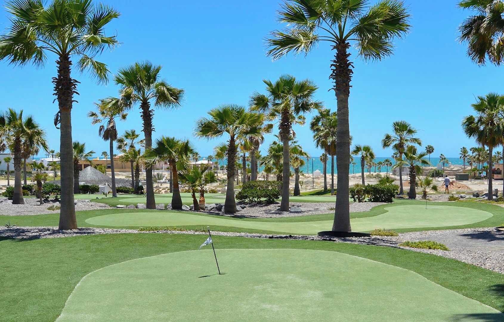 Un terrain de golf bordé de palmiers, avec un drapeau et un ciel d’un bleu limpide.
