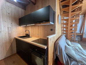 Frigorífico, microondas, horno y placa de cocina