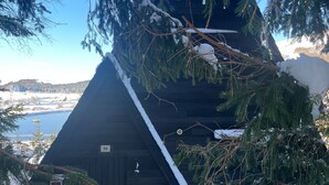 Una cabaña con fachada de madera oscura, un número '26' visible y ramas cubiertas de nieve.