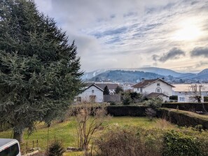 A residential area with houses, a large evergreen tree, and a distant mountain range. - House in Gérardmer with mountain view, garage and garden (Gérardmer)