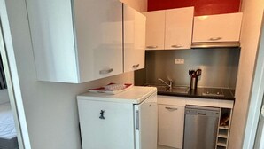 Una kitchenette compacta con refrigerador, pileta y lavavajillas.