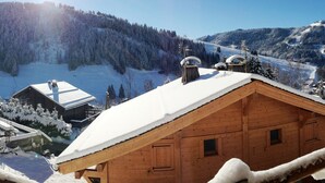 Eine Holzhütte mit geneigtem Dach, umgeben von schneebedeckten Bäumen und blauem Himmel.