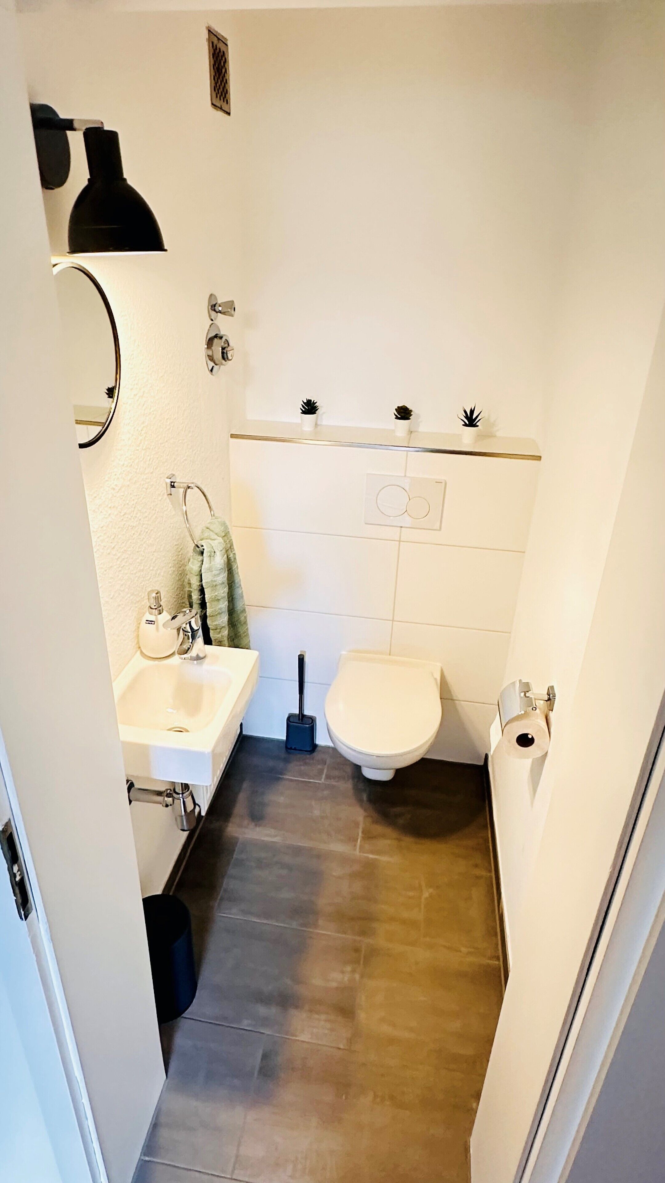A bathroom with a sink, toilet, and bidet. There are three small potted plants on the wall.