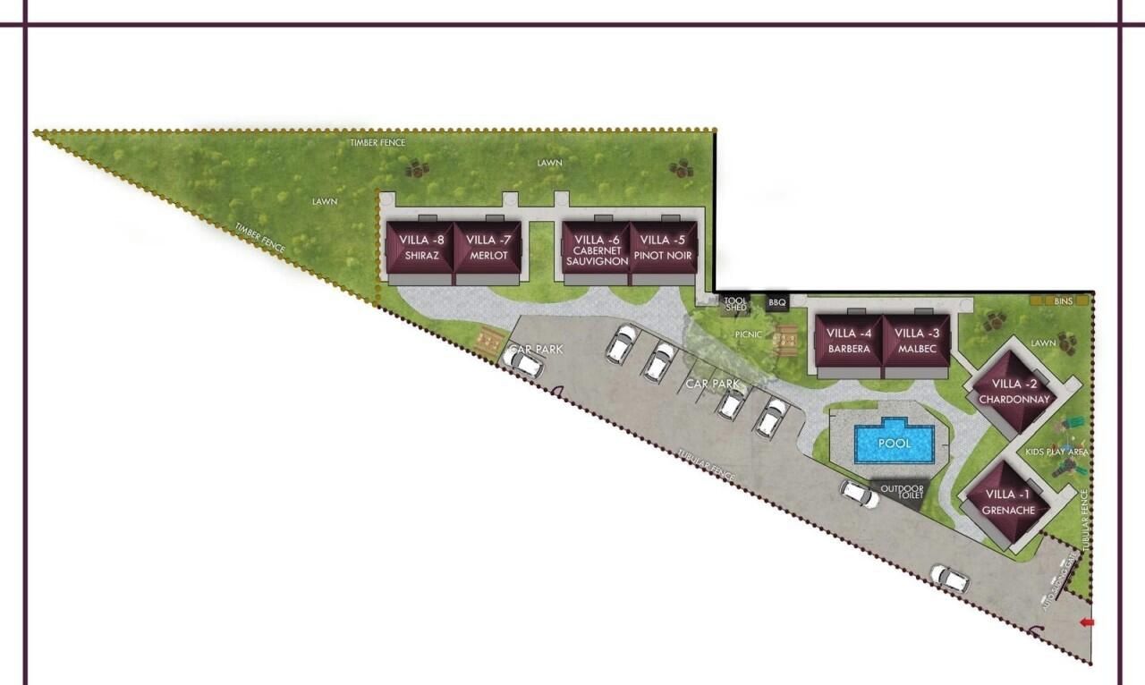 A property layout with villas numbered 1-8, a pool, car parks, and a kids' play area.