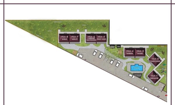 A property layout with villas numbered 1-8, a pool, car parks, and a kids' play area. - Grenache ~ Villa 1, Vineyard Views, Shared Pool & Wine Country (McLaren Vale)