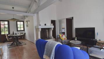 Een televisie, een open haard en boeken