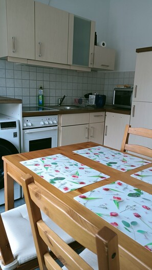 Fridge, microwave, oven, stovetop - Guest and vacation apartment Gläser Zwickau FeWO with 52 m² (Zwickau)