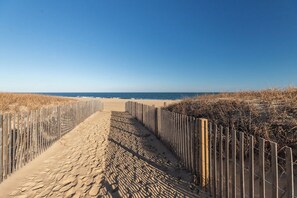 A sandy pathway leading to the beach, flanked by wooden fences and dry grass. - Cozy, comfortable 2 bedroom oceanfront condo with coastal decor, free WiFi, and view of the ocean and dunes just steps to the beach! (Ocean City)