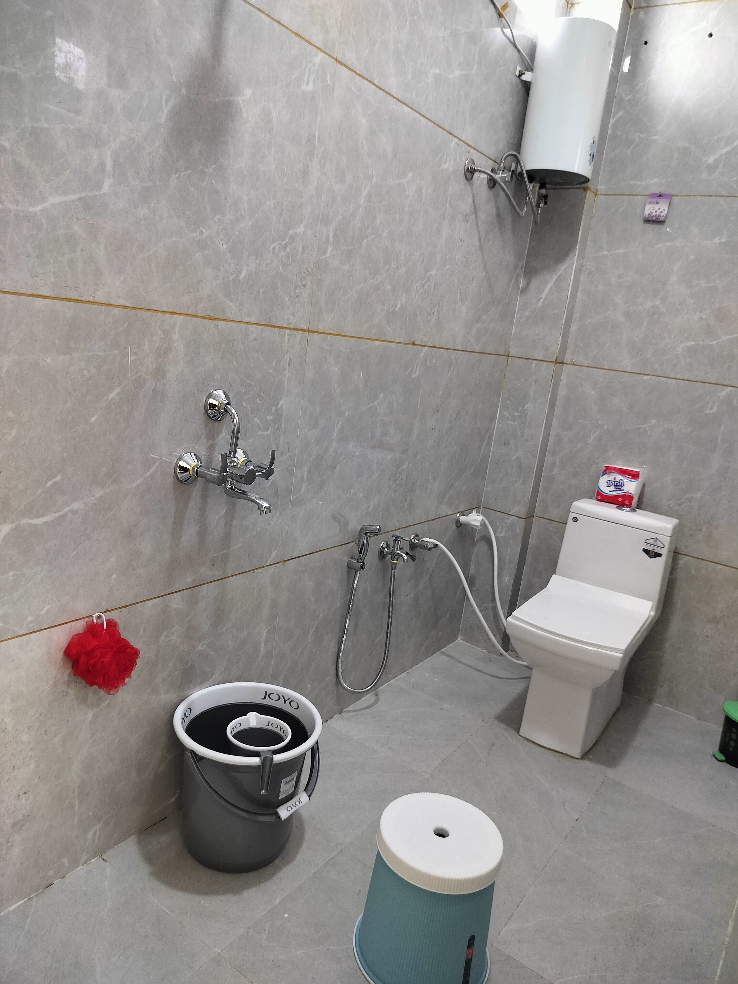 Hair dryer, towels, soap, toilet paper