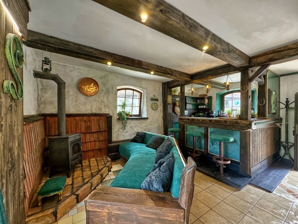 Fireplace, table football, books