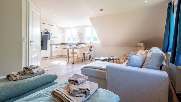 A modern living room with a sofa, a dining area, and a kitchen in the background. - Vogelkoje Living in nature, vacation apartment with terrace and beach chair (Rodenäs)