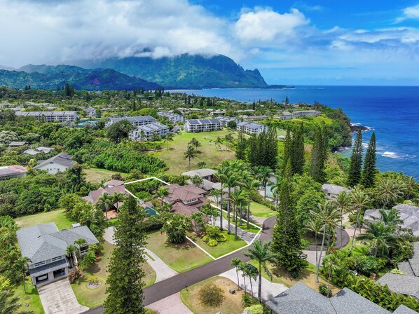 An aerial view of a coastal residential area with houses, lush greenery, and a view of the ocean. - Privacy and Elegance in Princeville (Princeville)