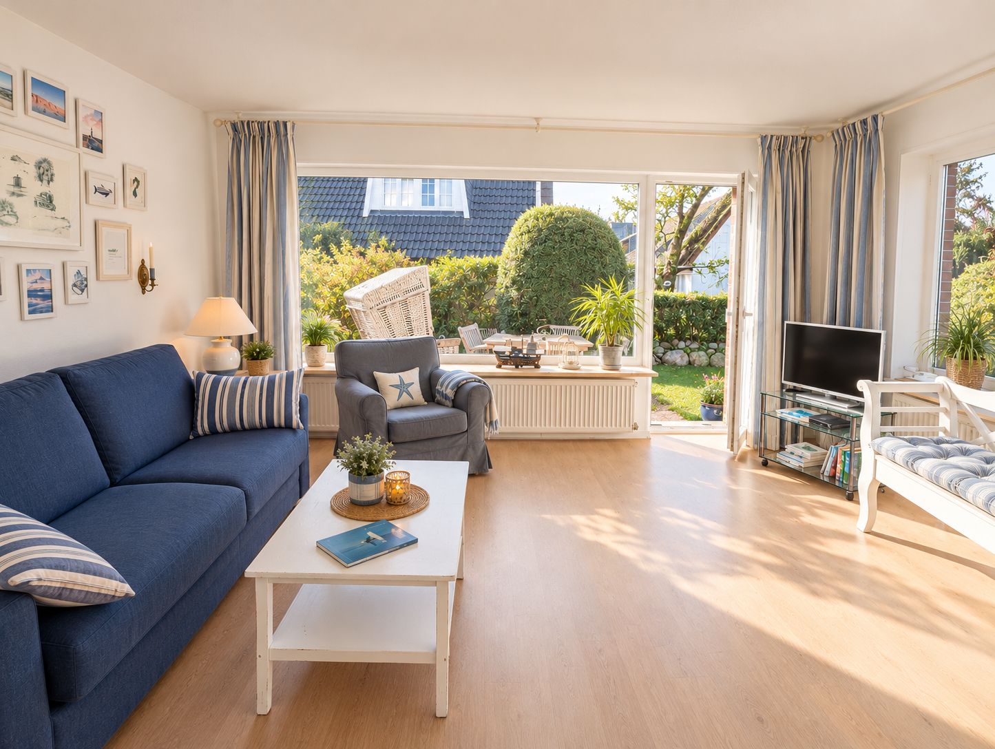 A living room with a blue sofa, a grey armchair, a white coffee table, and a television on a stand.