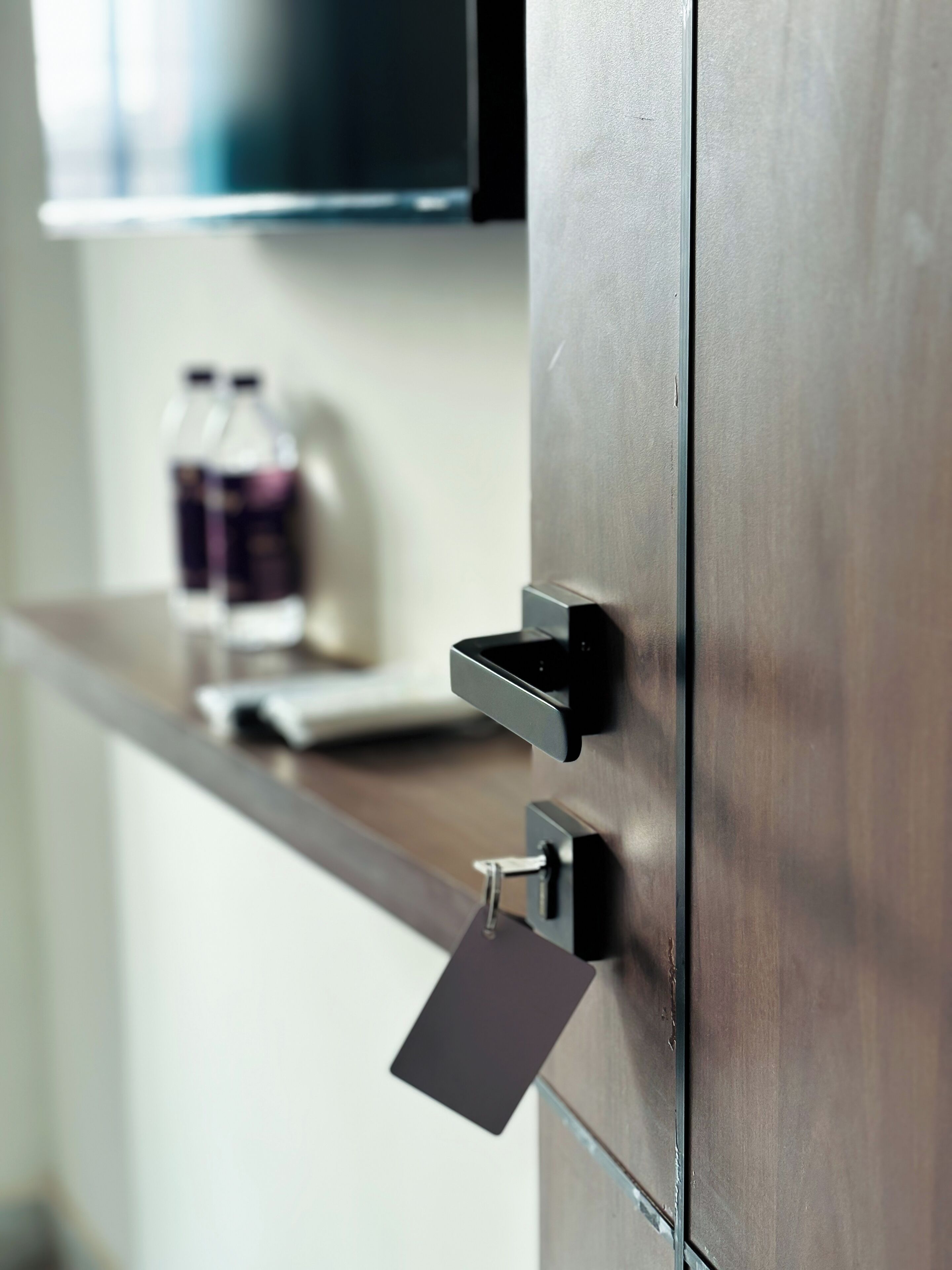 A metallic door with a keyhole and a card slot, a bottle of water, and a flat-screen TV mounted above.