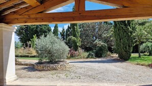 Ein überdachter Außenbereich mit einer Steinsäule und einem Kiesweg, der zu einem Garten mit verschiedenen Sträuchern und Bäumen führt.