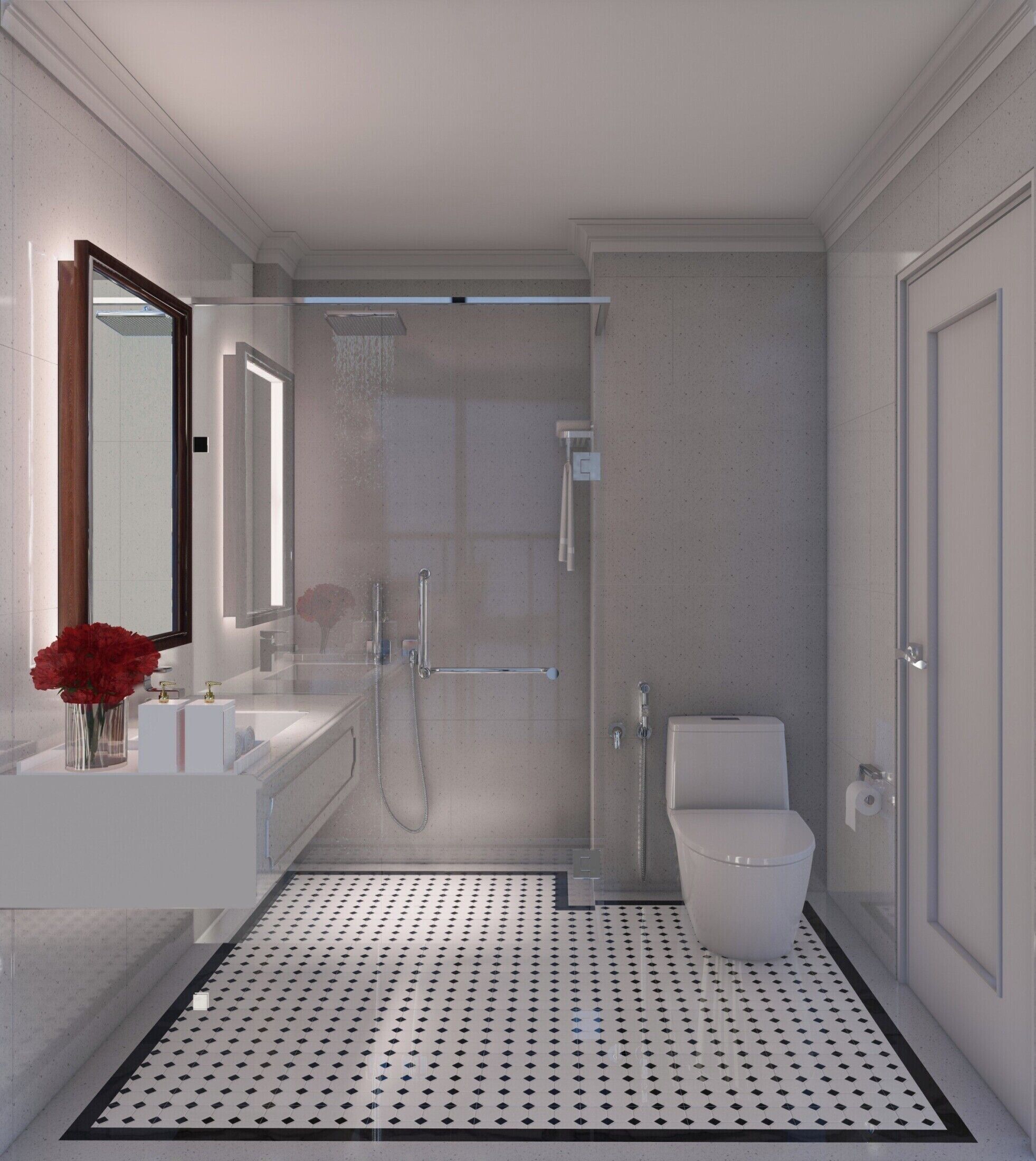 A modern bathroom with a shower, toilet, and sink.