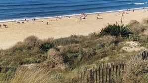 Ein Strand mit Menschen, blauem Himmel und ruhigem Wasser.