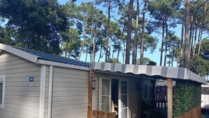 Eine kleine Holzhütte mit überdachter Veranda und einer Terrasse, umgeben von hohen Kiefern.