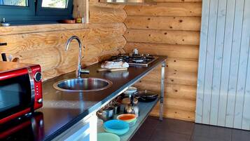 Fridge, microwave, stovetop, coffee/tea maker