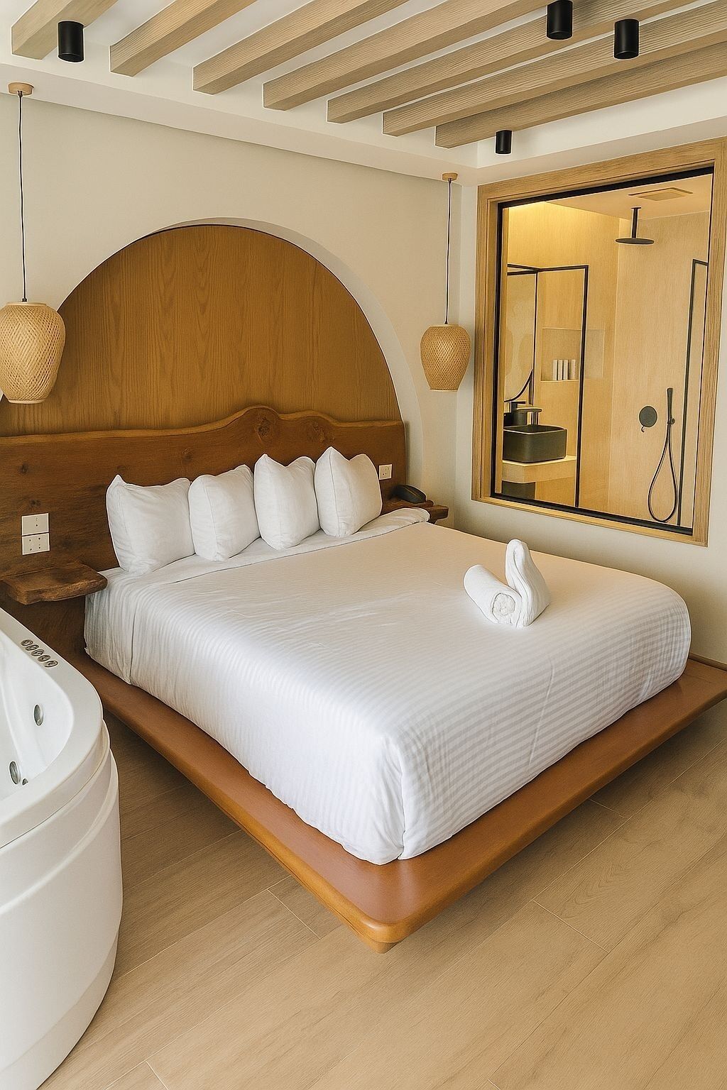 Una habitación de hotel moderna con una cama grande, cabecero de madera y bañera integrada.