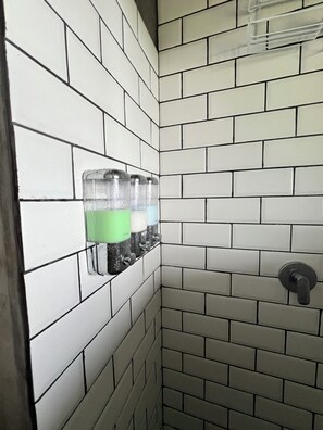 Shower, towels, soap, shampoo
