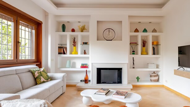 A modern living room with a fireplace, white sofas, and a coffee table. - Luxury apartment " Magdalene House " (Roma)