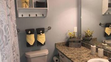 Hair dryer, towels, soap, toilet paper