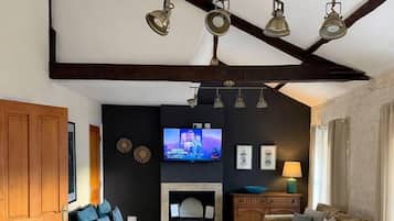 A modern living room with a dark wooden ceiling, a fireplace, a television, and a dining area with a table and chairs.