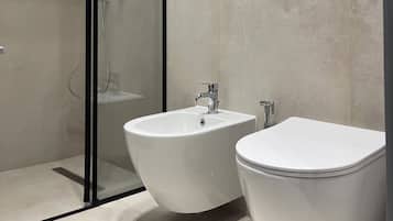 Habitación con 1 cama doble o 2 individuales | Baño | Ducha, artículos de higiene personal de diseño y secador de pelo