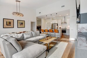 Smart TV, fireplace, video library