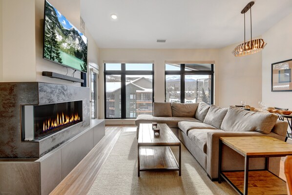 Smart TV, fireplace, video library