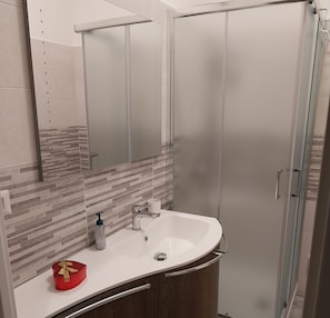 Regadera, secadora de cabello, bidet, toallas