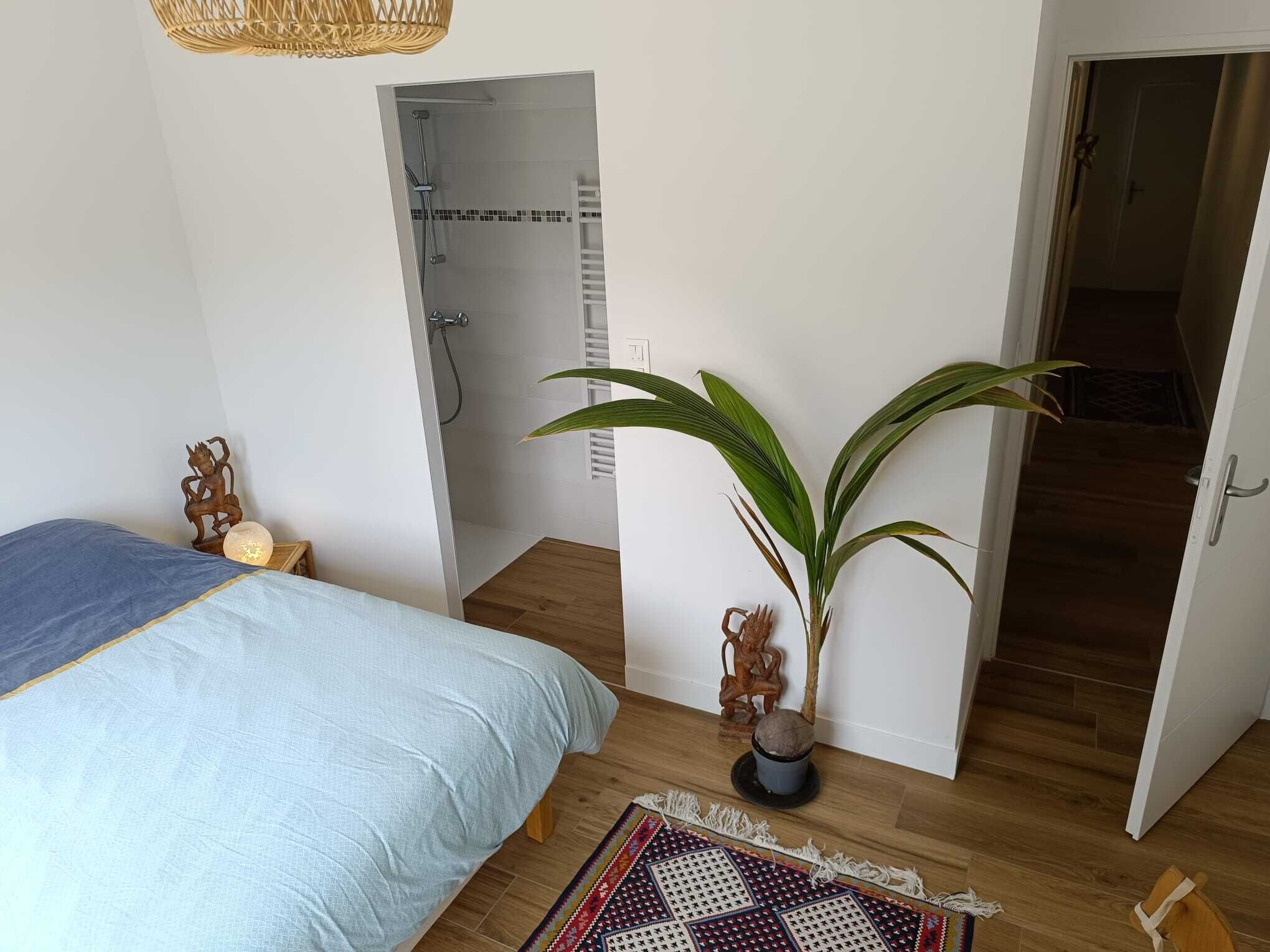 Ein Schlafzimmer mit einem Bett, einer Topfpflanze, einer Dusche und einer Tür zu einem weiteren Raum.