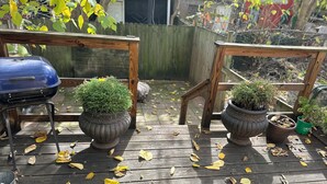 Eine Holzterrasse mit Kübelpflanzen und einem Grill.