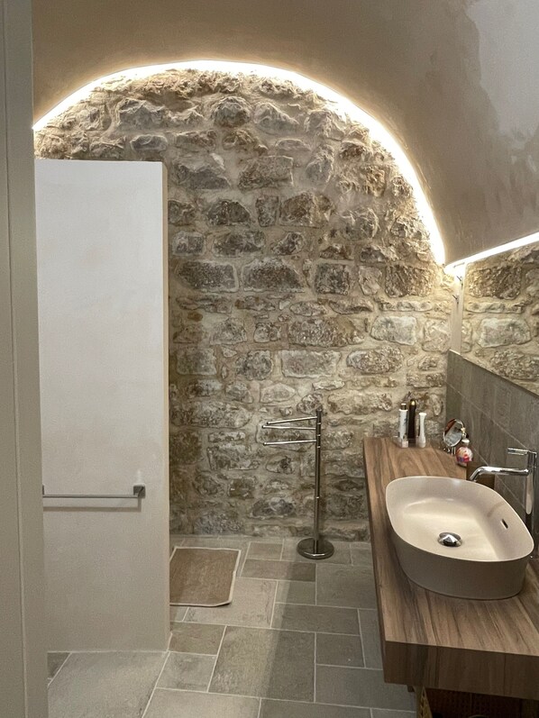 Regadera, secadora de cabello, bidet, toallas