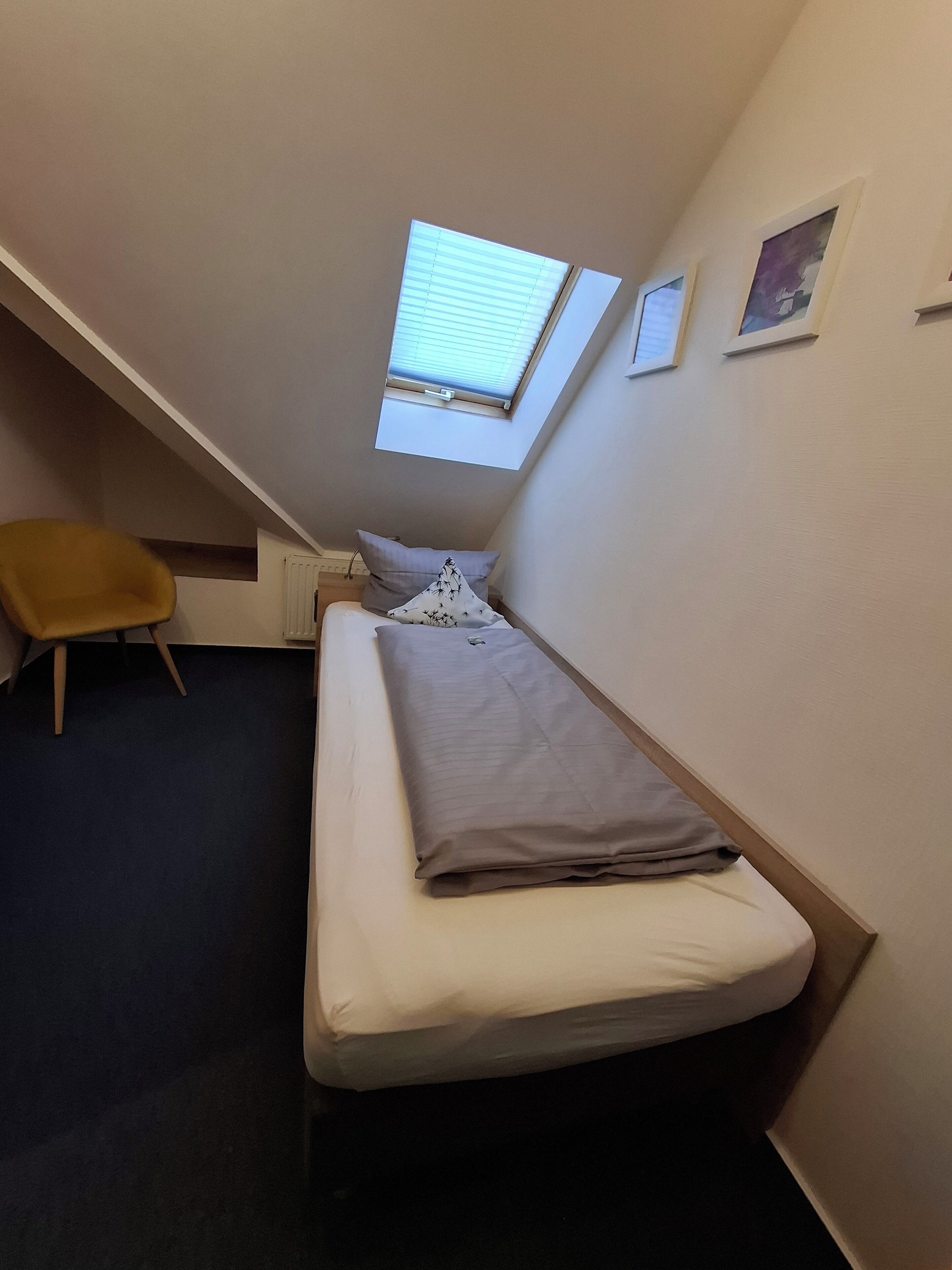 A small, narrow room with a single bed, a chair, a skylight, and a radiator.