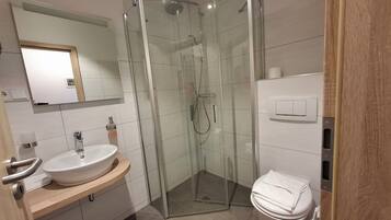 A modern bathroom with a glass-enclosed shower, a sink with a mirror, and a toilet.