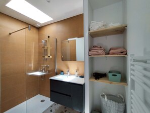 Shower, hair dryer, towels