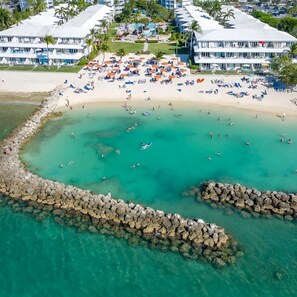 On the beach, sun-loungers, beach towels
