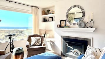 Smart TV, fireplace, DVD player, books