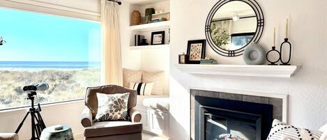 Smart TV, fireplace, DVD player, books