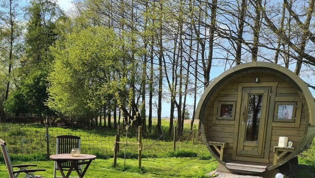 A spherical wooden cabin with a door and windows, surrounded by a grassy area with a table and chairs. - The Kirsche - Rustic sleeping barrel in East Frisia (Holtgast)