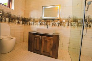 Shower, bidet, towels, soap