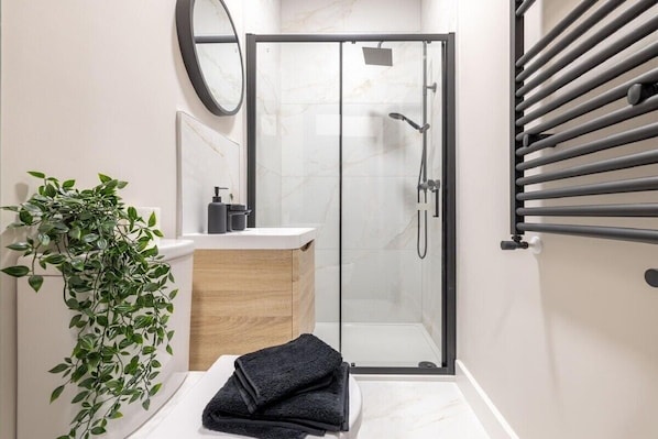 Shower, hair dryer, towels
