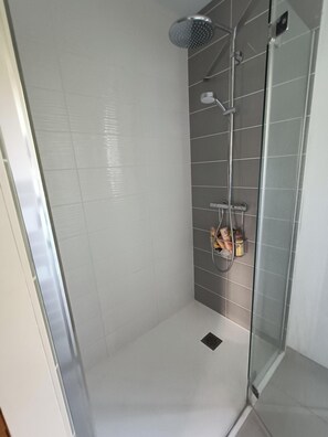 Shower, hair dryer, towels, toilet paper