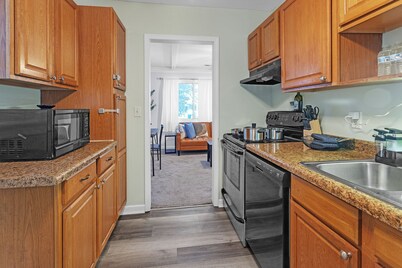 MSU area, 65 inch TV, elevated deck, pets welcome, full kitchen,  TV in bedroom.