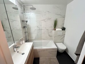 Hair dryer, towels, toilet paper