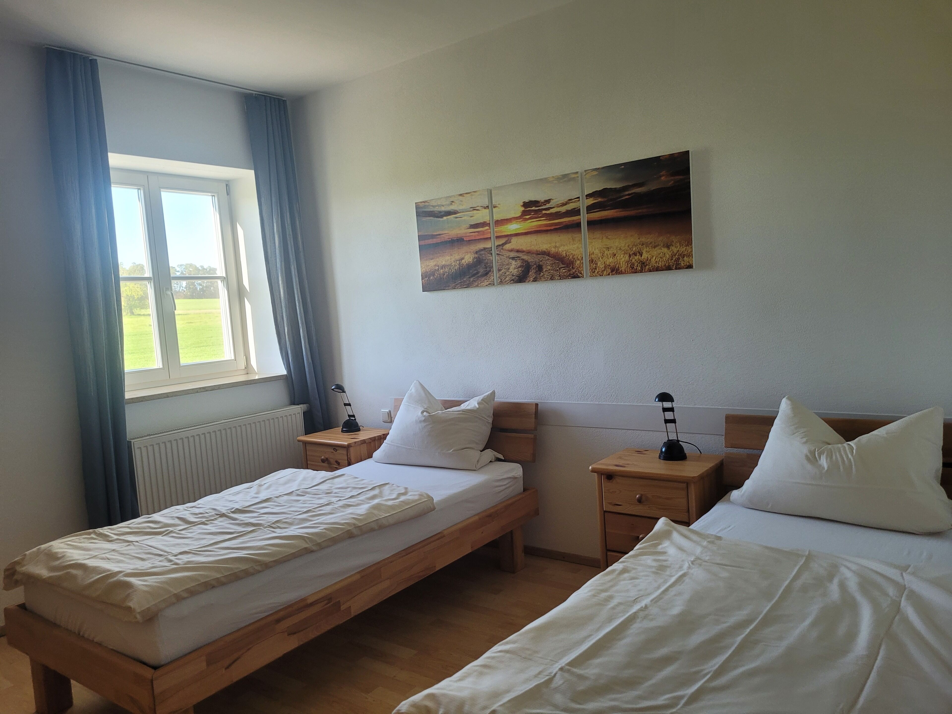 Une chambre avec deux lits simples, une fenêtre avec des rideaux, un radiateur et un tableau au mur.